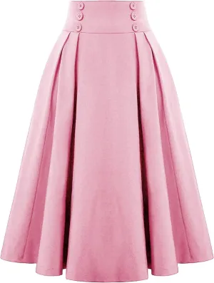 Womens Vintage Elastic Waisted Midi Skirts Solid Pleated Flared Office Work Casual Fashion Elegant Basic Skirts