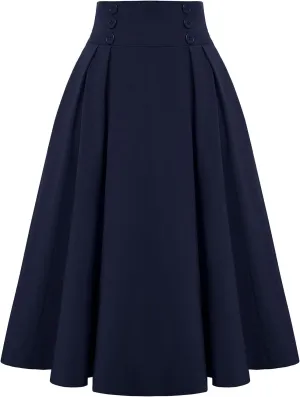 Womens Vintage Elastic Waisted Midi Skirts Solid Pleated Flared Office Work Casual Fashion Elegant Basic Skirts