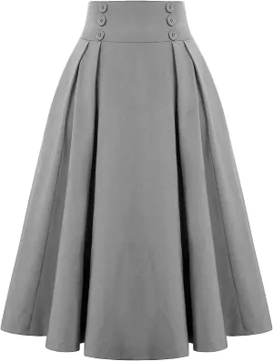 Womens Vintage Elastic Waisted Midi Skirts Solid Pleated Flared Office Work Casual Fashion Elegant Basic Skirts
