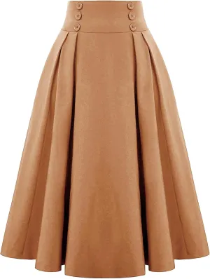 Womens Vintage Elastic Waisted Midi Skirts Solid Pleated Flared Office Work Casual Fashion Elegant Basic Skirts