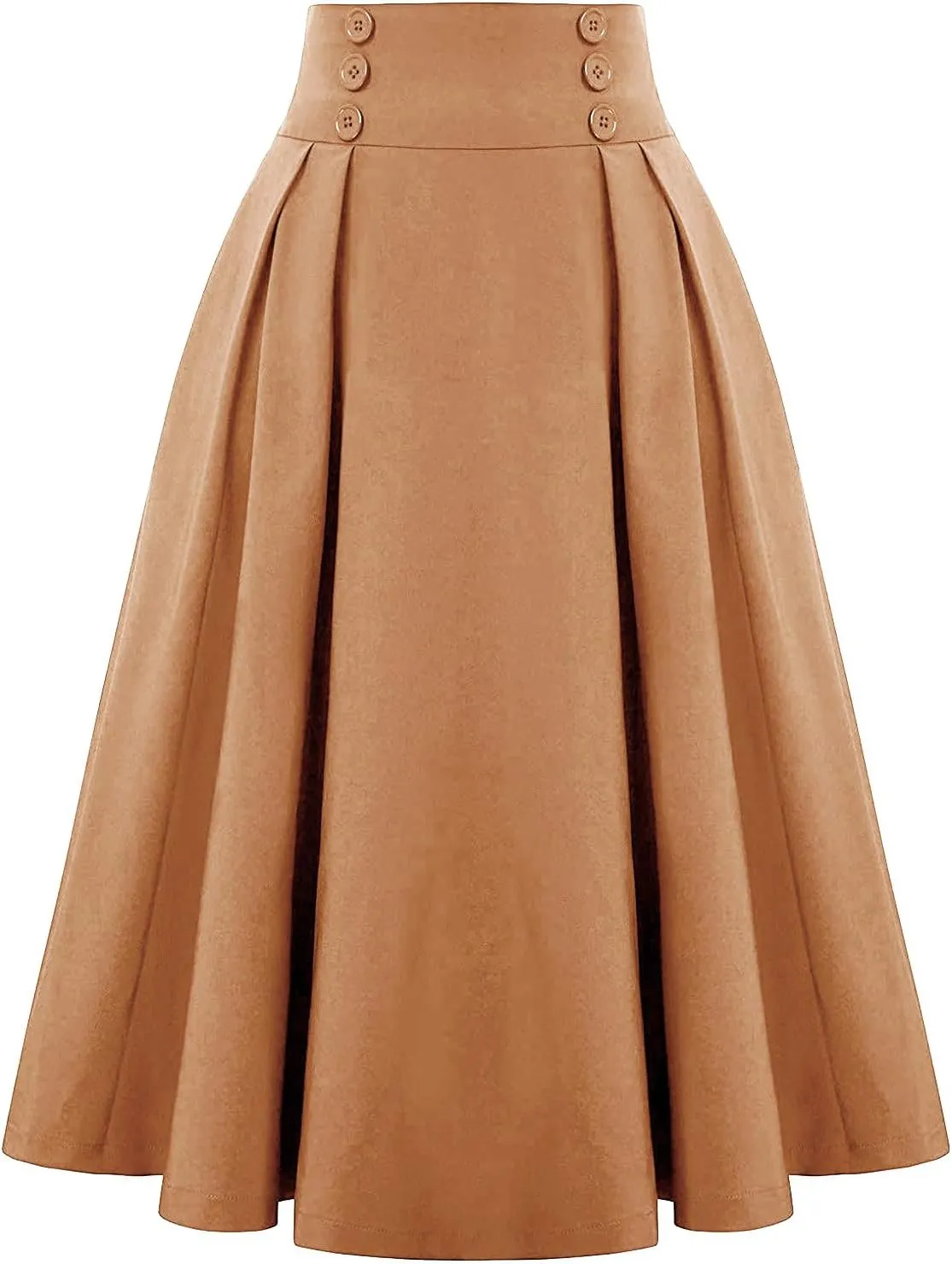 Womens Vintage Elastic Waisted Midi Skirts Solid Pleated Flared Office Work Casual Fashion Elegant Basic Skirts