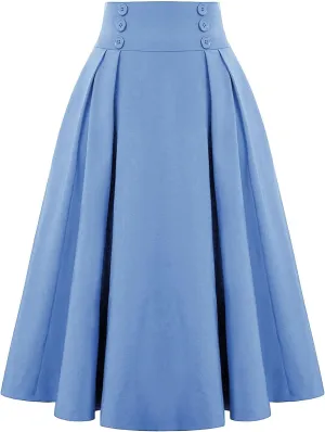 Womens Vintage Elastic Waisted Midi Skirts Solid Pleated Flared Office Work Casual Fashion Elegant Basic Skirts