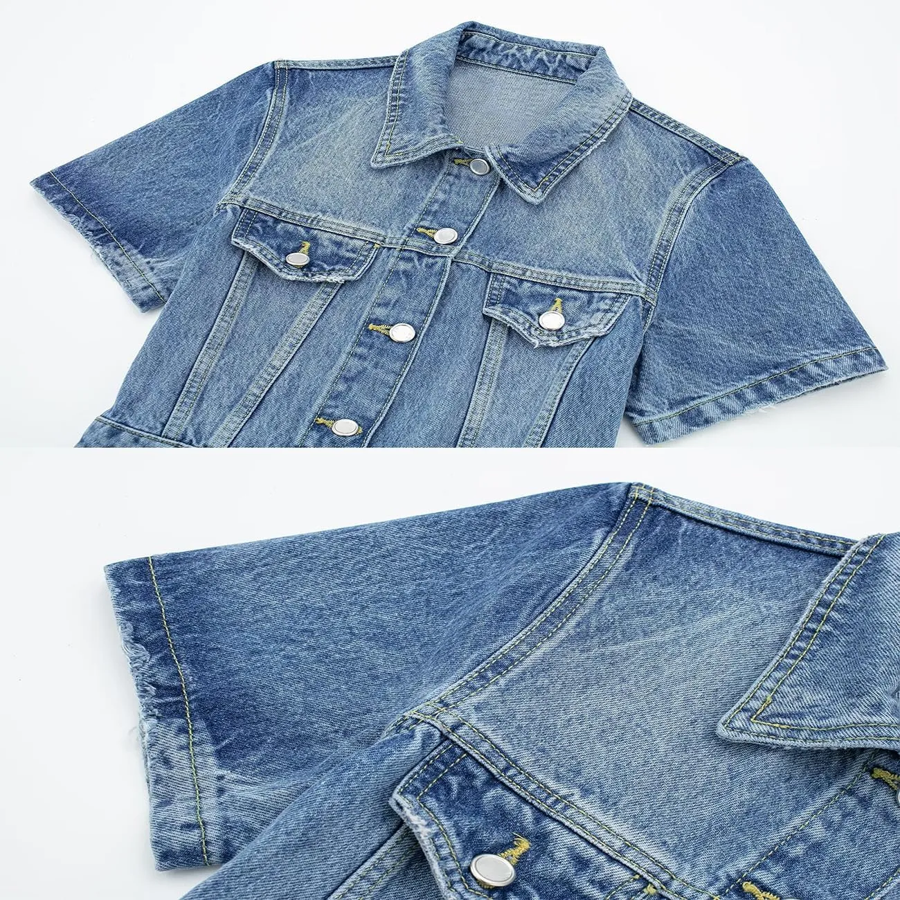Women's Vintage Frayed Denim Romper Button Up Short Sleeve High Waisted Slim Jeans Jumpsuit Shorts