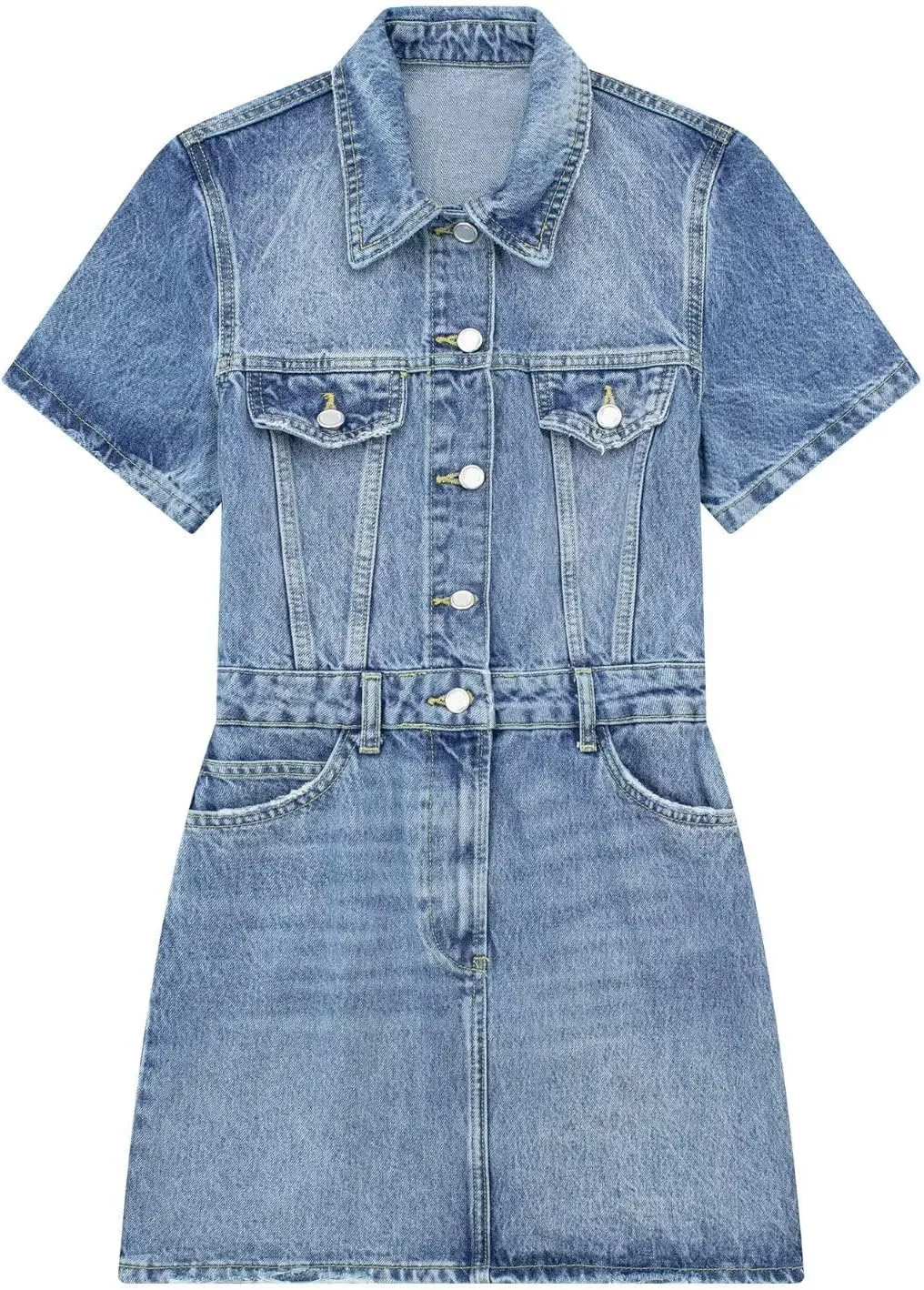Women's Vintage Frayed Denim Romper Button Up Short Sleeve High Waisted Slim Jeans Jumpsuit Shorts
