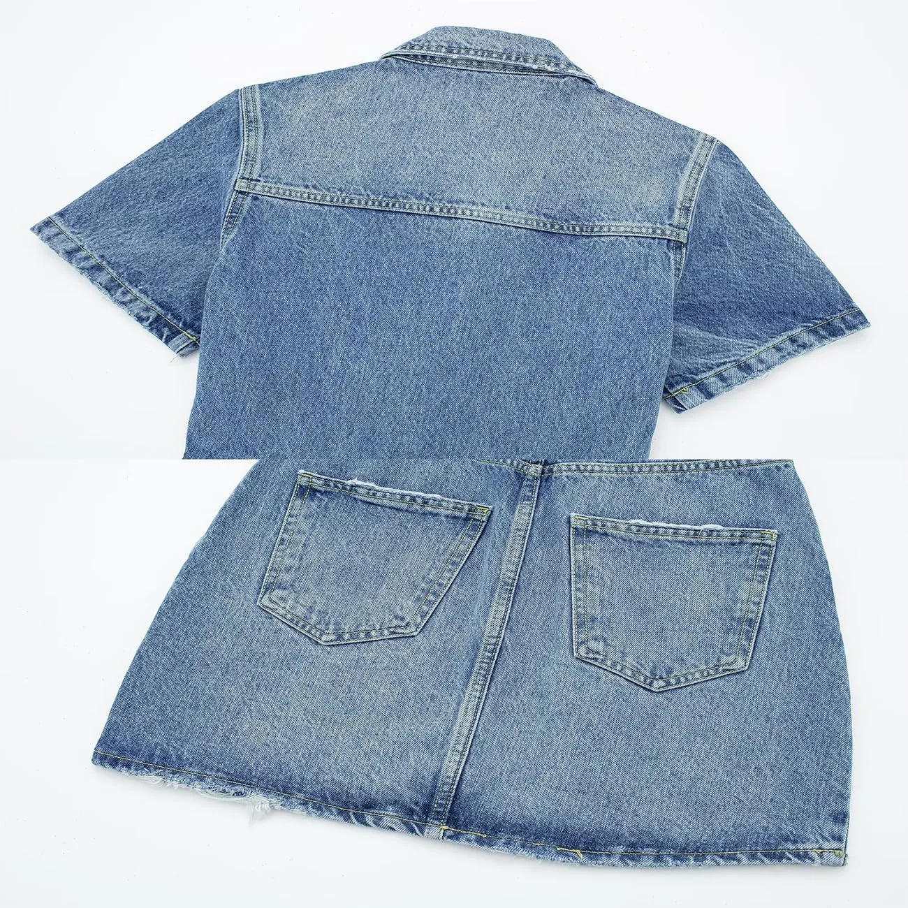 Women's Vintage Frayed Denim Romper Button Up Short Sleeve High Waisted Slim Jeans Jumpsuit Shorts