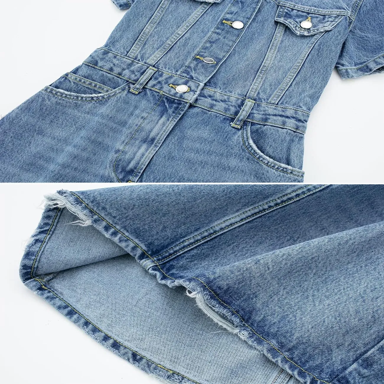 Women's Vintage Frayed Denim Romper Button Up Short Sleeve High Waisted Slim Jeans Jumpsuit Shorts