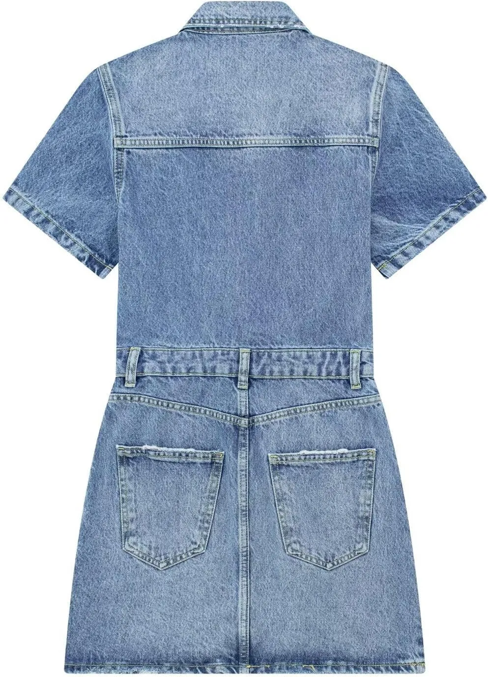 Women's Vintage Frayed Denim Romper Button Up Short Sleeve High Waisted Slim Jeans Jumpsuit Shorts