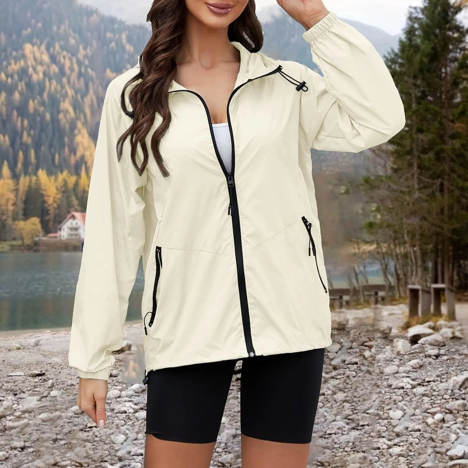 Womens Waterproof Outdoor Rain Jackets Lightweight Packable Hooded Raincoat Adjustable Soft Shell Windbreaker Jacket