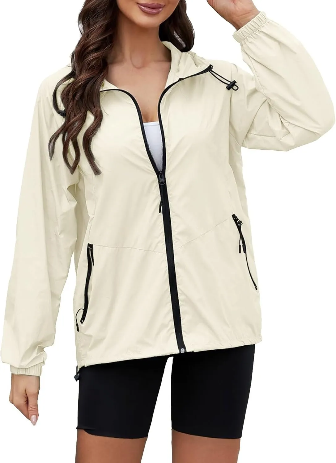 Womens Waterproof Outdoor Rain Jackets Lightweight Packable Hooded Raincoat Adjustable Soft Shell Windbreaker Jacket