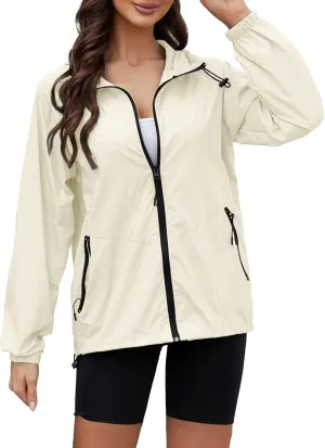 Womens Waterproof Outdoor Rain Jackets Lightweight Packable Hooded Raincoat Adjustable Soft Shell Windbreaker Jacket
