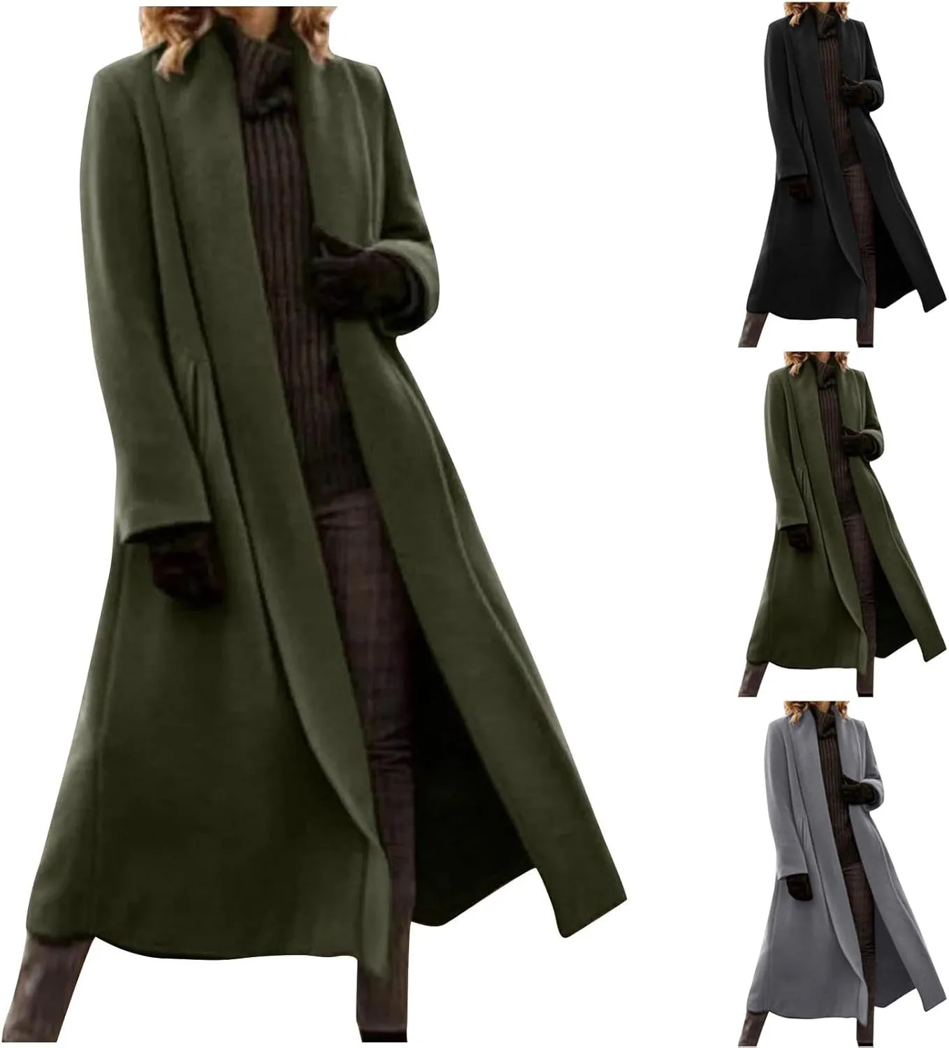 Women's Wool Coats Oversized Notched Collar Pea Coats Casual Open Front Long Winter Jackets Formal Work Trench Coat