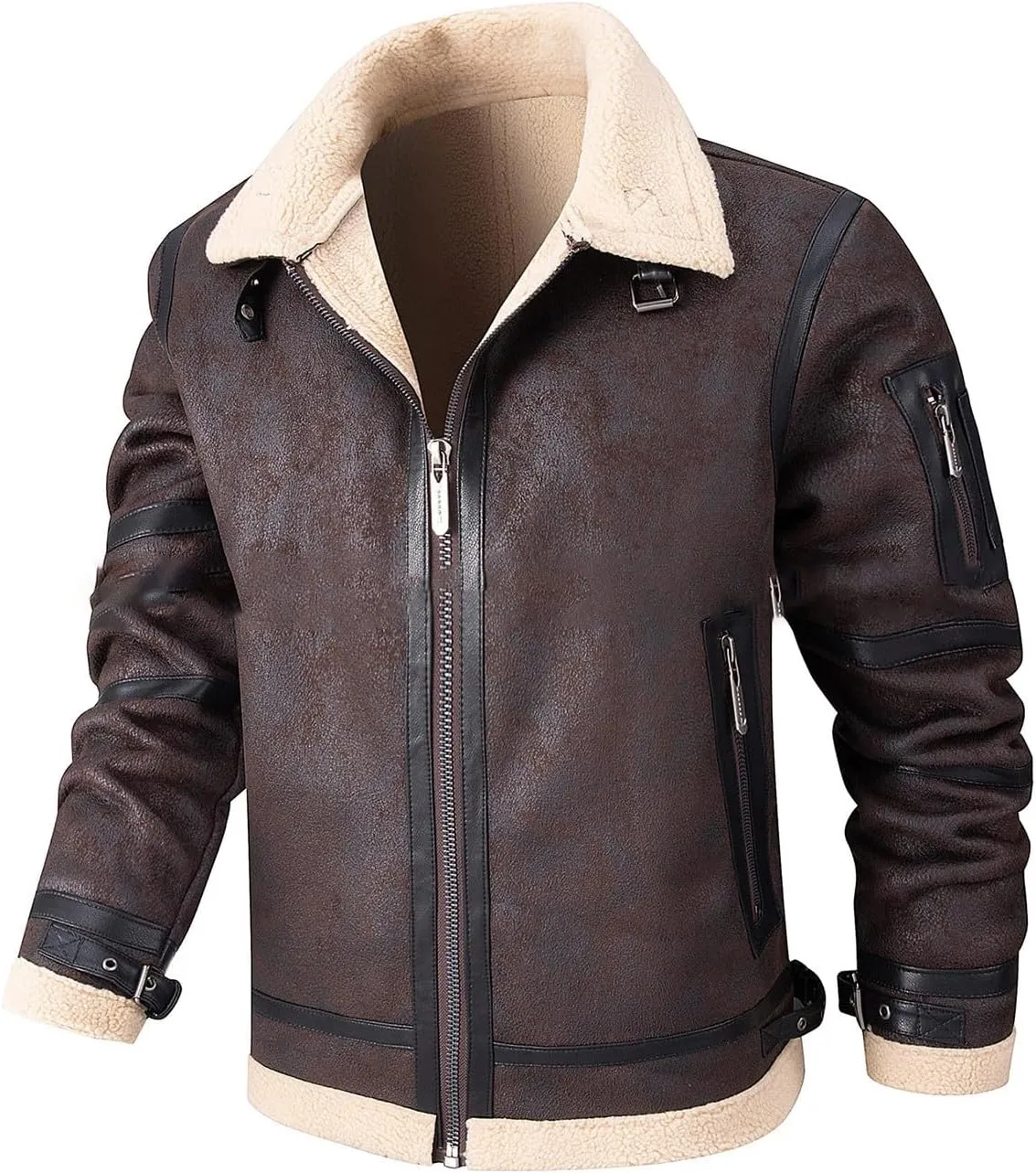 Xiaojmake Shearling Leather Jacket Men Suede Fleece Aviator Jacket Faux Fur Sherpa Lined Bomber Jacket Casual Warm Fur Coat