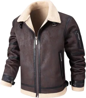 Xiaojmake Shearling Leather Jacket Men Suede Fleece Aviator Jacket Faux Fur Sherpa Lined Bomber Jacket Casual Warm Fur Coat