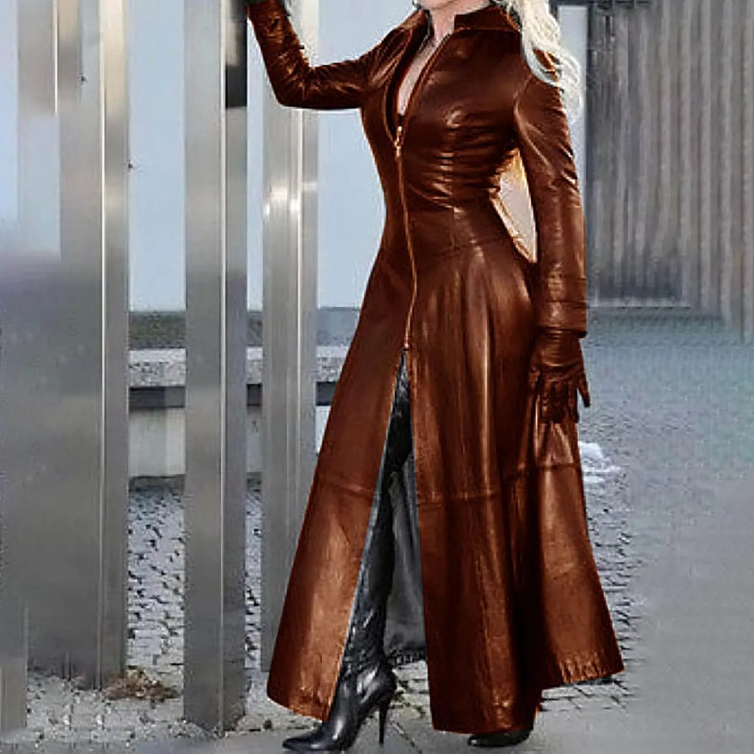 yardsong Faux Leather Trench Coats for Women Long Sleeve Zip Up Long Jackets Slim Fit Ankle Length Fashion Outerwear