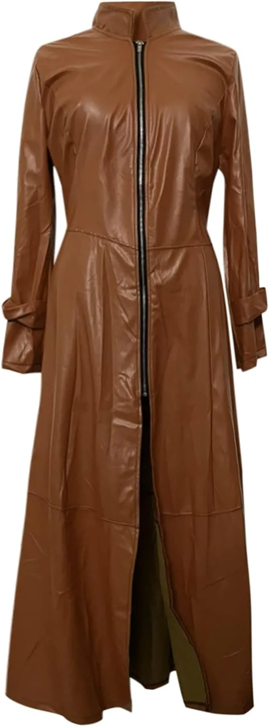 yardsong Faux Leather Trench Coats for Women Long Sleeve Zip Up Long Jackets Slim Fit Ankle Length Fashion Outerwear