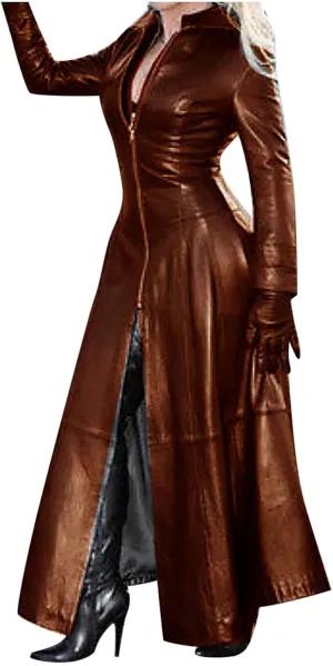 yardsong Faux Leather Trench Coats for Women Long Sleeve Zip Up Long Jackets Slim Fit Ankle Length Fashion Outerwear