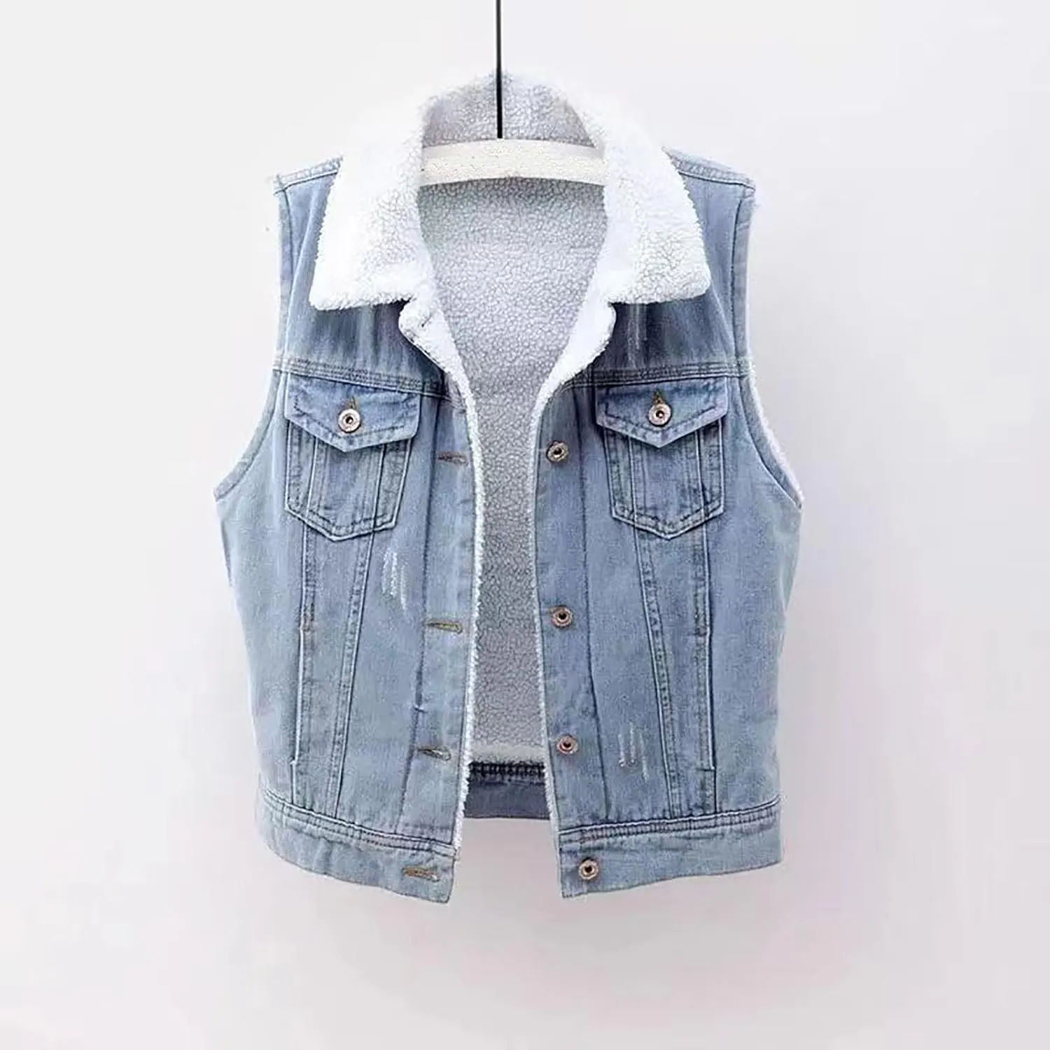 yardsong Womens Sherpa Fleece Lined Denim Vest Casual Loose Sleeveless Jean Jacket Trendy Furry Cowboy Gilet with Pockets