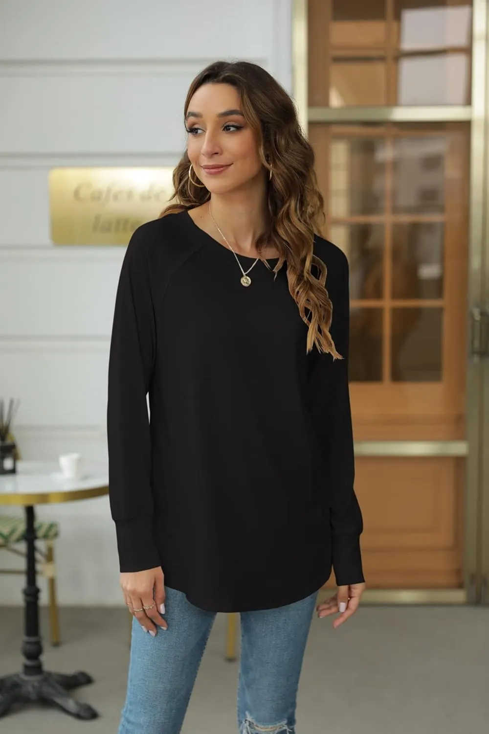 Yiantede Womens Tunic Tops Long Sleeve Round Neck Soft Loose Long Blouse Shirts Side Split Casual T Shirt Pink