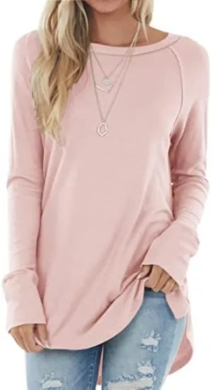 Yiantede Womens Tunic Tops Long Sleeve Round Neck Soft Loose Long Blouse Shirts Side Split Casual T Shirt Pink