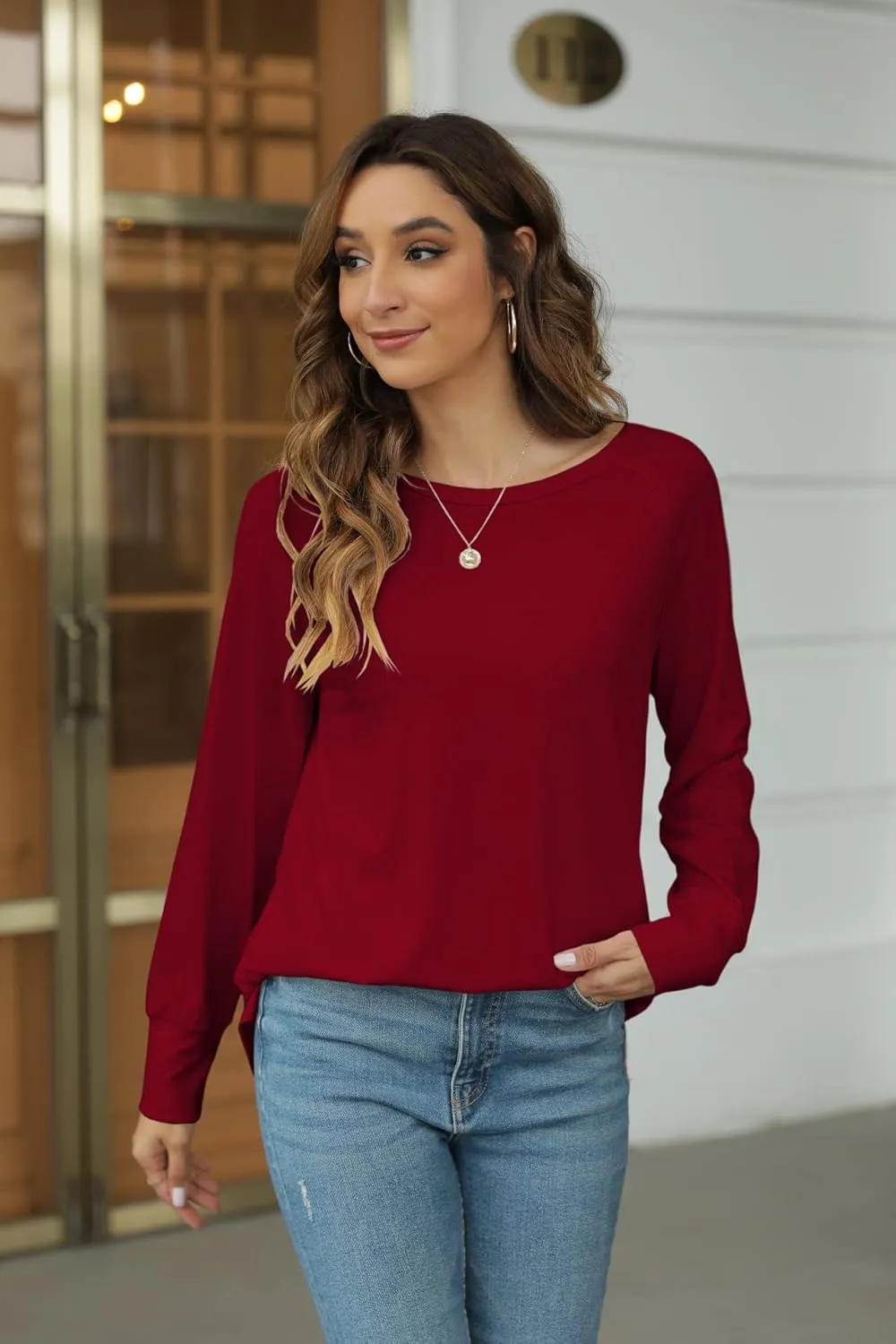 Yiantede Womens Tunic Tops Long Sleeve Round Neck Soft Loose Long Blouse Shirts Side Split Casual T Shirt Pink