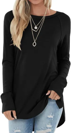 Yiantede Womens Tunic Tops Long Sleeve Round Neck Soft Loose Long Blouse Shirts Side Split Casual T Shirt Pink