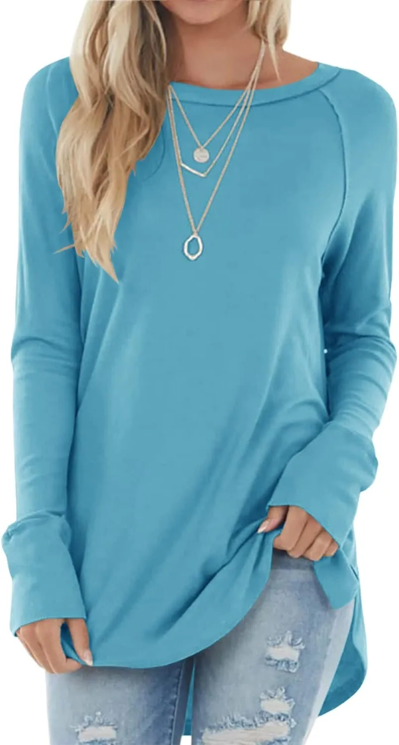 Yiantede Womens Tunic Tops Long Sleeve Round Neck Soft Loose Long Blouse Shirts Side Split Casual T Shirt Pink