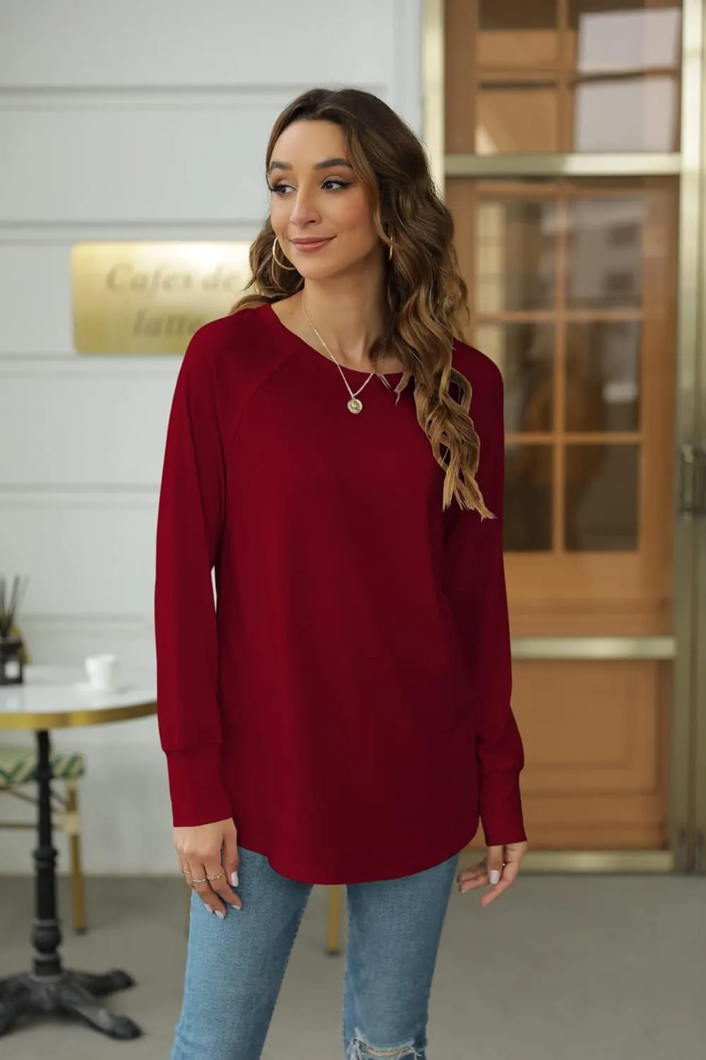 Yiantede Womens Tunic Tops Long Sleeve Round Neck Soft Loose Long Blouse Shirts Side Split Casual T Shirt Pink