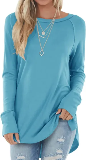 Yiantede Womens Tunic Tops Long Sleeve Round Neck Soft Loose Long Blouse Shirts Side Split Casual T Shirt Pink