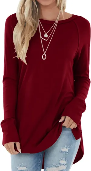 Yiantede Womens Tunic Tops Long Sleeve Round Neck Soft Loose Long Blouse Shirts Side Split Casual T Shirt Pink