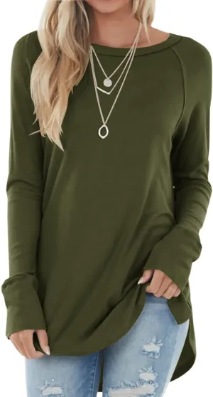 Yiantede Womens Tunic Tops Long Sleeve Round Neck Soft Loose Long Blouse Shirts Side Split Casual T Shirt Pink