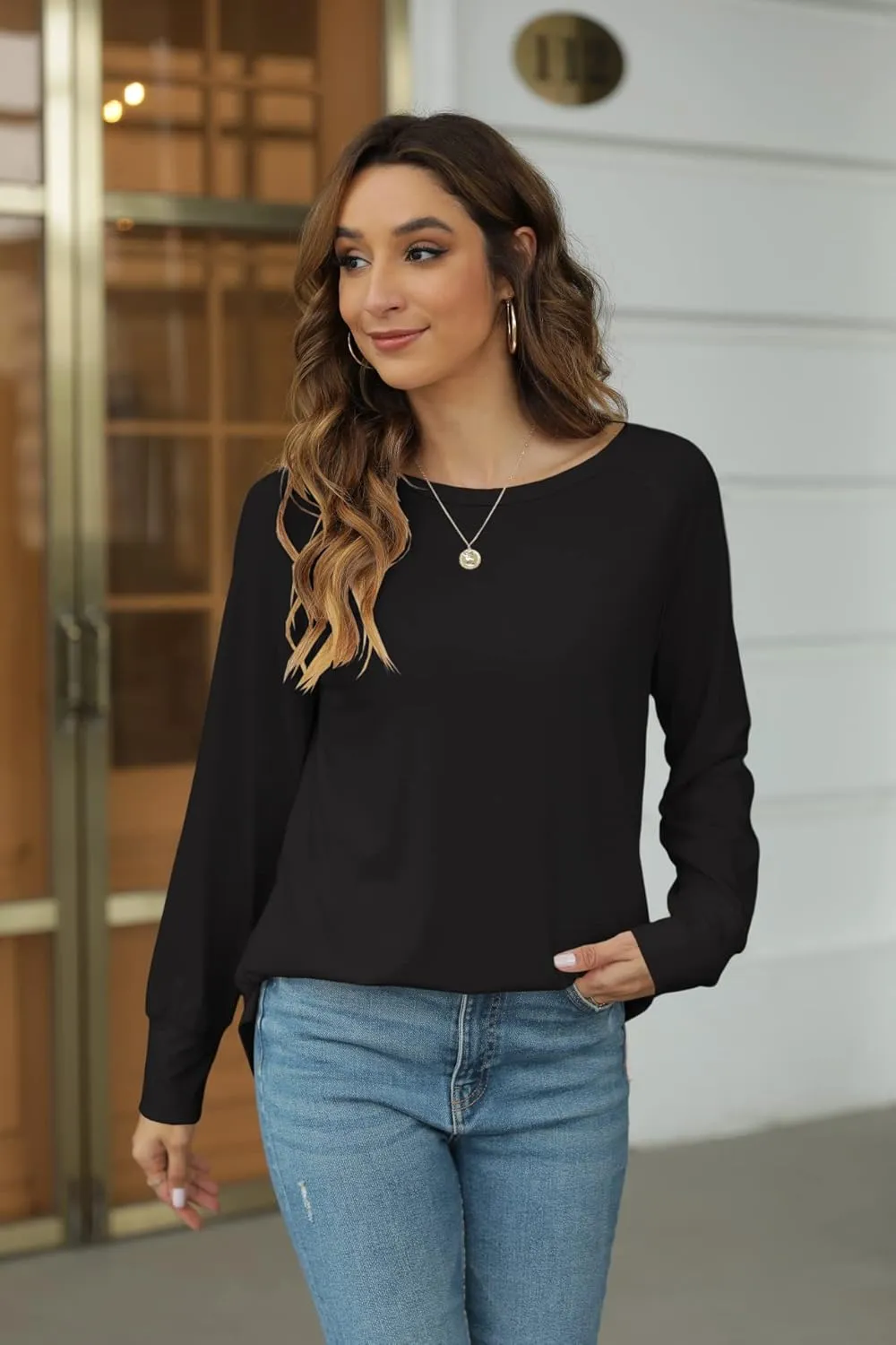 Yiantede Womens Tunic Tops Long Sleeve Round Neck Soft Loose Long Blouse Shirts Side Split Casual T Shirt Pink