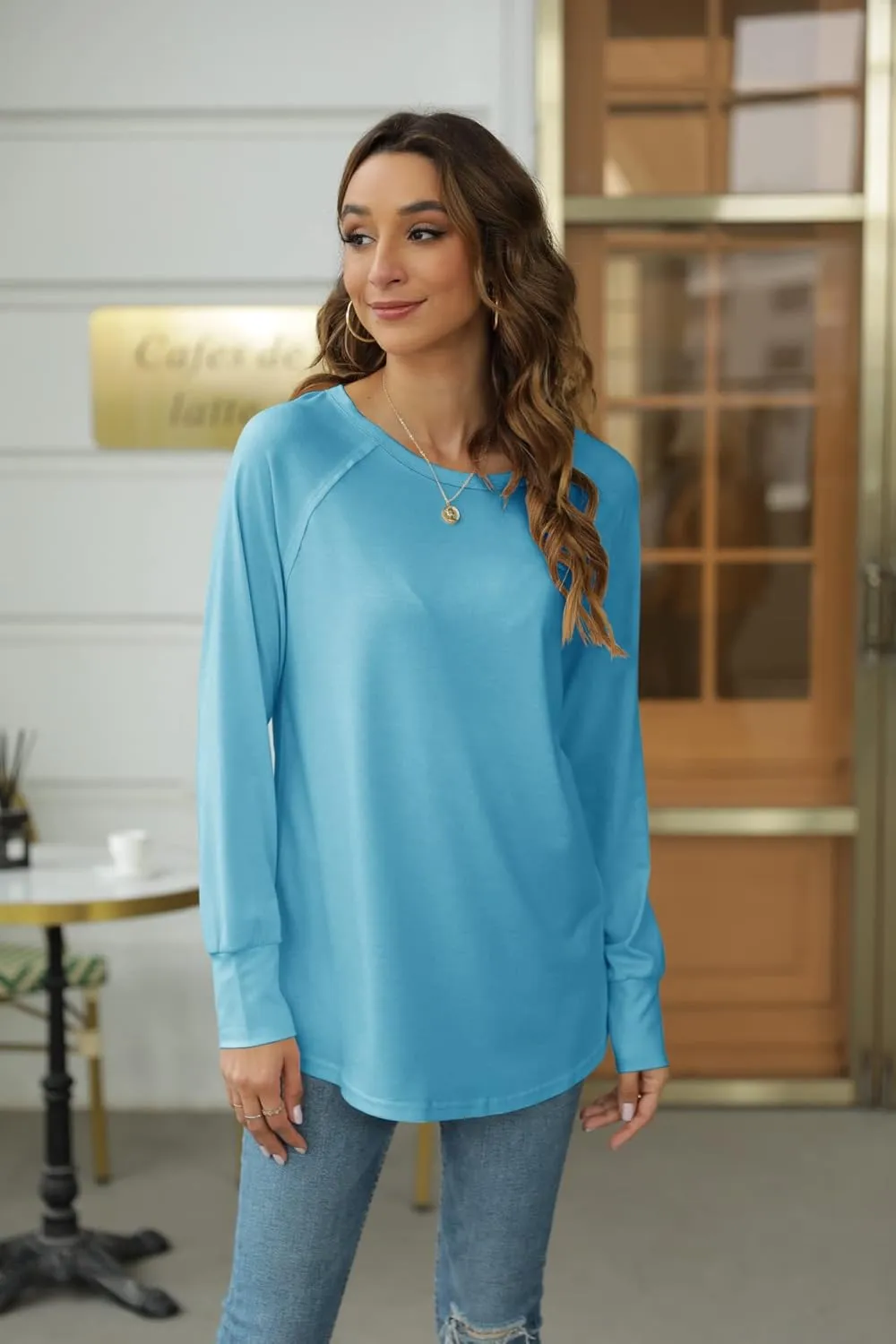 Yiantede Womens Tunic Tops Long Sleeve Round Neck Soft Loose Long Blouse Shirts Side Split Casual T Shirt Pink