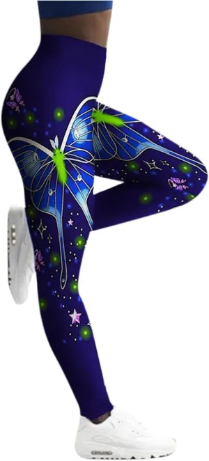 Yoga Pants for Women High Waist Leggings Printed Tummy Control Workout Athletic Pants Gym Stretch Joggers Causal Compression Fitness Butt Lifting Elastic Waist rain purple for Butterfly G20-Navy