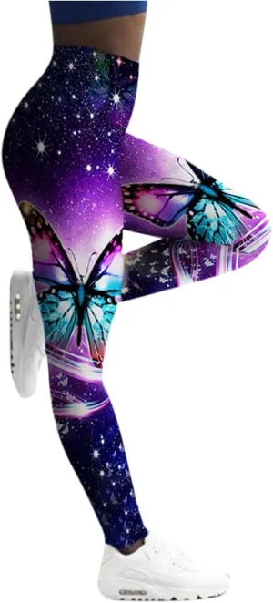 Yoga Pants for Women High Waist Leggings Printed Tummy Control Workout Athletic Pants Gym Stretch Joggers Causal Compression Fitness Butt Lifting Elastic Waist rain purple for Butterfly I22-Purple