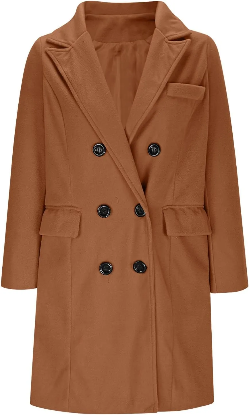YRAETENM Women's Winter Wool Coats Elegant Notched Lapel Double Breasted Pea Coats Classic Mid-Length Trench Coats Jackets