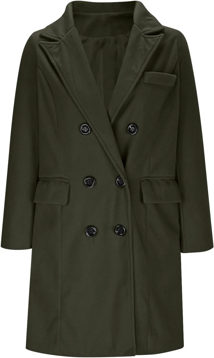 YRAETENM Women's Winter Wool Coats Elegant Notched Lapel Double Breasted Pea Coats Classic Mid-Length Trench Coats Jackets