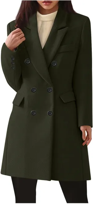 YRAETENM Women's Winter Wool Coats Elegant Notched Lapel Double Breasted Pea Coats Classic Mid-Length Trench Coats Jackets
