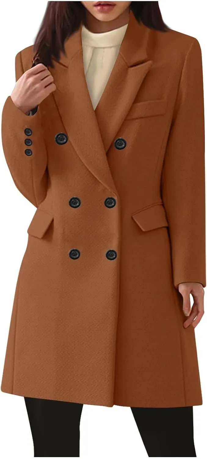 YRAETENM Women's Winter Wool Coats Elegant Notched Lapel Double Breasted Pea Coats Classic Mid-Length Trench Coats Jackets
