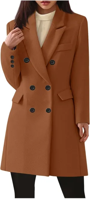 YRAETENM Women's Winter Wool Coats Elegant Notched Lapel Double Breasted Pea Coats Classic Mid-Length Trench Coats Jackets